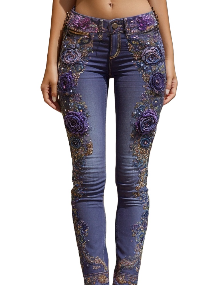 Retro Floral Print Jeans High Waist Slim Imitation Jeans Elegant Casual Trousers